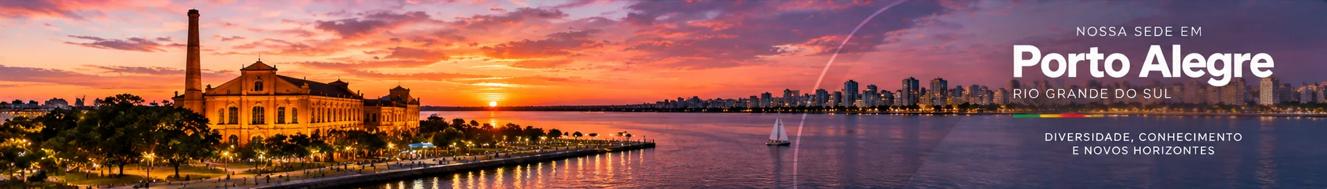 Nossa sede em Porto Alegre, Rio Grande do Sul: Usina do Gasômetro e o Guaíba ao pôr do sol